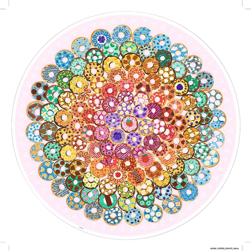 Image of the finished puzzle. It is a circular puzzle of a plate of rainbow donuts with purple in the center going through all the colors to blue at the edges.