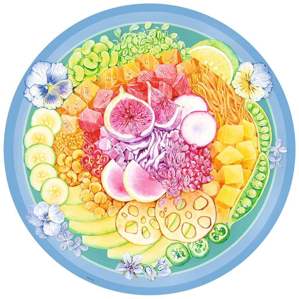 Image of the finished puzzle. It is a circular puzzle of a rainbow poke bowl with purple in the center and blue along the edges.