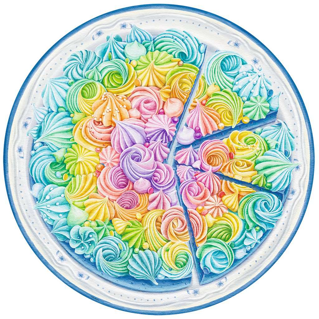 Image of the finished puzzle. It is a circular puzzle of a round cake. The whipped topping on top is rainbow colored with purple in the center and blue on the edges.