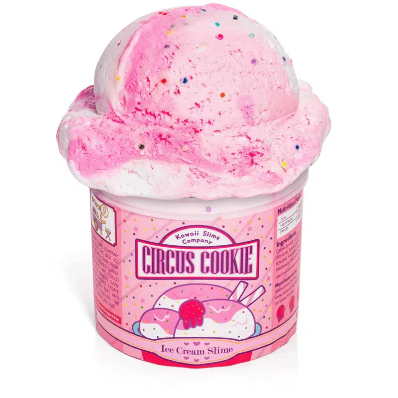 Image of the open slime. It is a white and pink ice cream textured slime so realistic that you can actually scoop it with an ice cream scoop. It has rainbow round sprinkles throughout the slime.