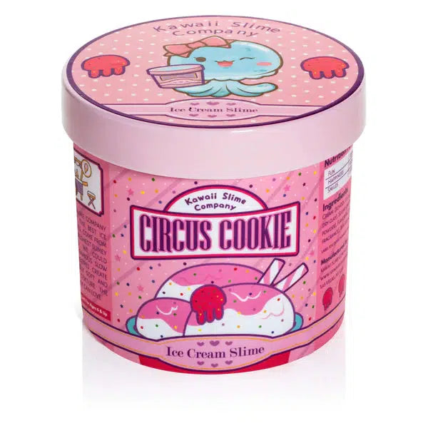 Image of the packaging for the Circus Cookie Scented Ice Cream Pint Slime. It comes in a realistic looking ice cream container that you might get it confused with the real thing!