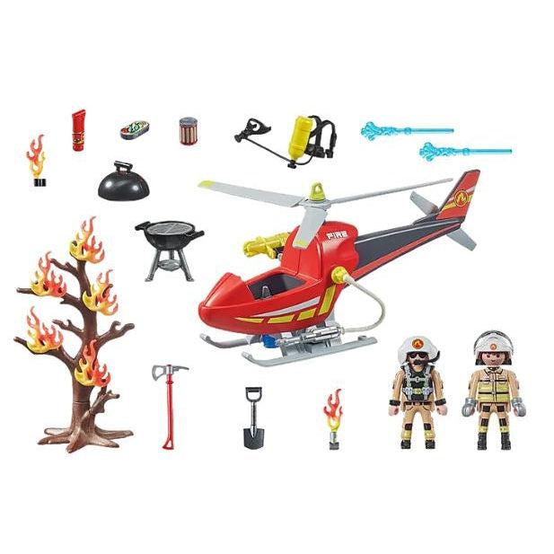 this picture shows what is in the set, from the fleicopter, two firefighters, a tree on fire, burning branch, portable hose, hatchet, and barbacue setup that was the cause of the fire. 