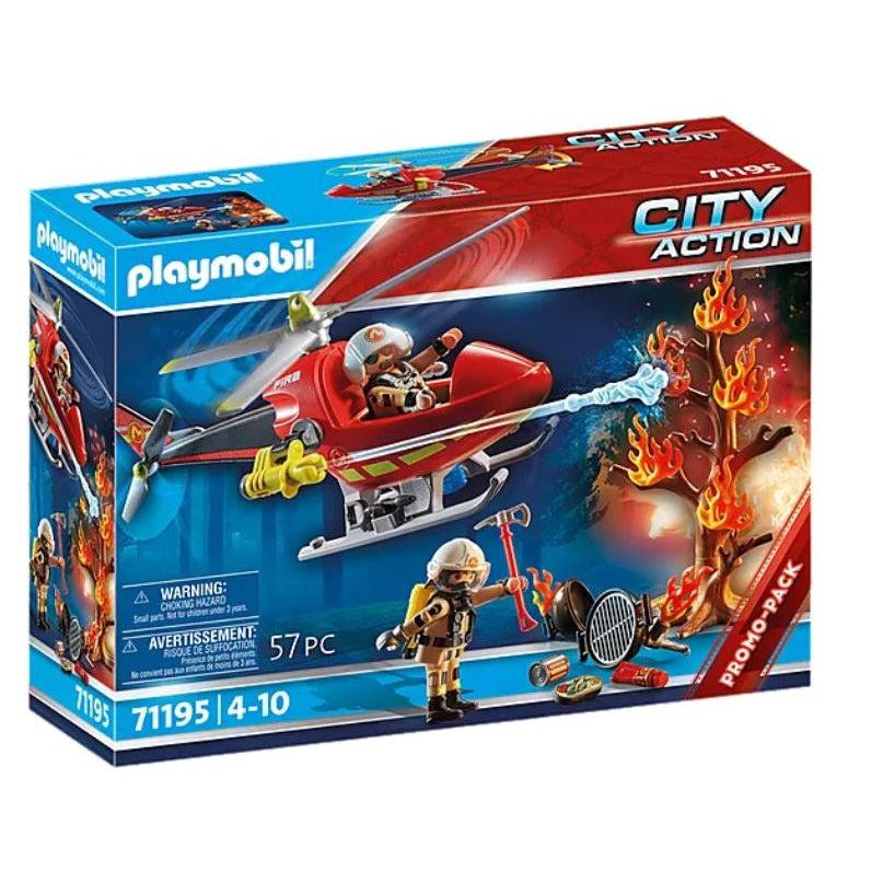 The city action fire helicopter is here! the box shows an image of the helicopter spraying out a fire that has crawled up a tree. other fire fighters are hard at work controlling the ground and making playmo city safe. 