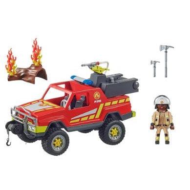 this image shows everything in the set, the truck, a fire fighter, two toy hatchets, and a plastic fire to put out. 