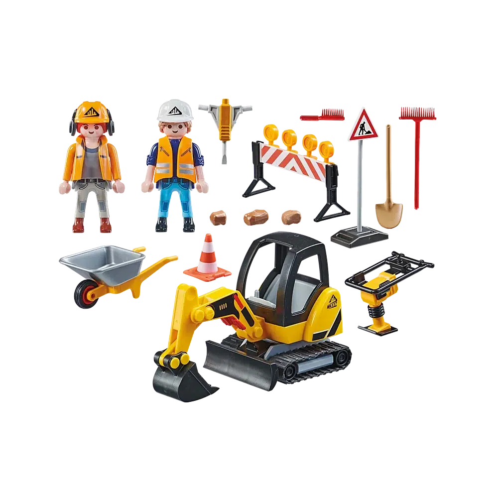 This is a picture of the construction workers, a boy and a girl, with all the tools they have, along with some rocks to move in a tiny wheelbarrow.