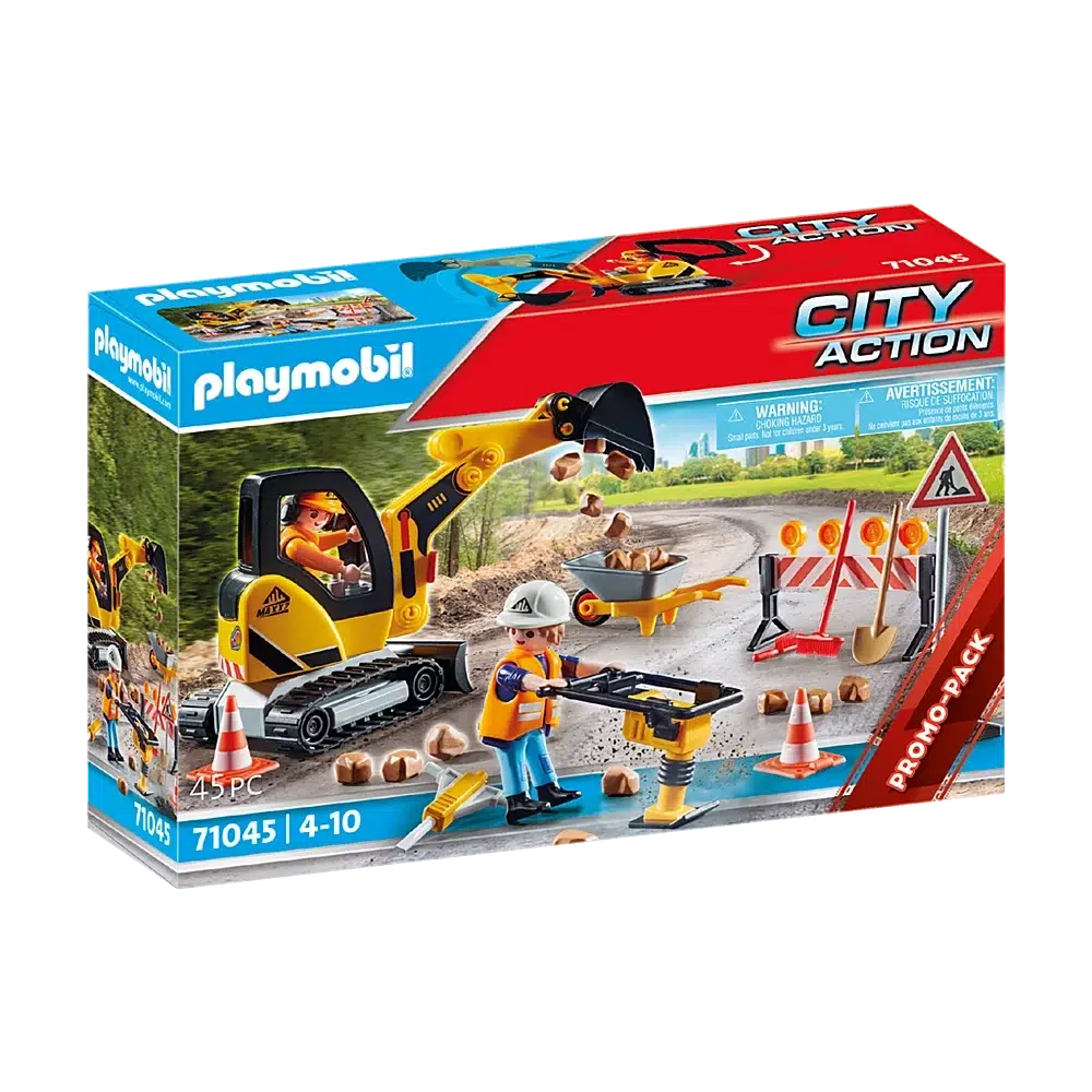 Picture is of the playmobil city action construction work box. There are construction workers working as a team to make a road with several accessories and props like shovels, road blocks, cones, a jackhammer, and an excavator 