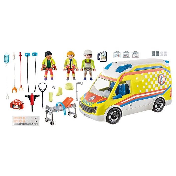 This picture shows everything in the box, two nurses who drive the ambulance, a worker who got injured on the job, some power tools for the worker, a stretcher, iv bag, clipoards and various accessories to give a fun playtime of giving someone a ride in an ambulance. 