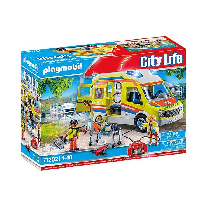 The playmobil box picture shows an ambulance parked on the road while two emergency medical technicians come to the aide of someone who got injured in playmo city.