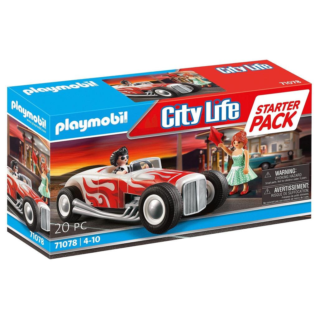 City Life Hot Rod starter pack. this is a picture of the box, featuring a cool dide with his hair slicked back driving a car with a flame wrap ariund it. 