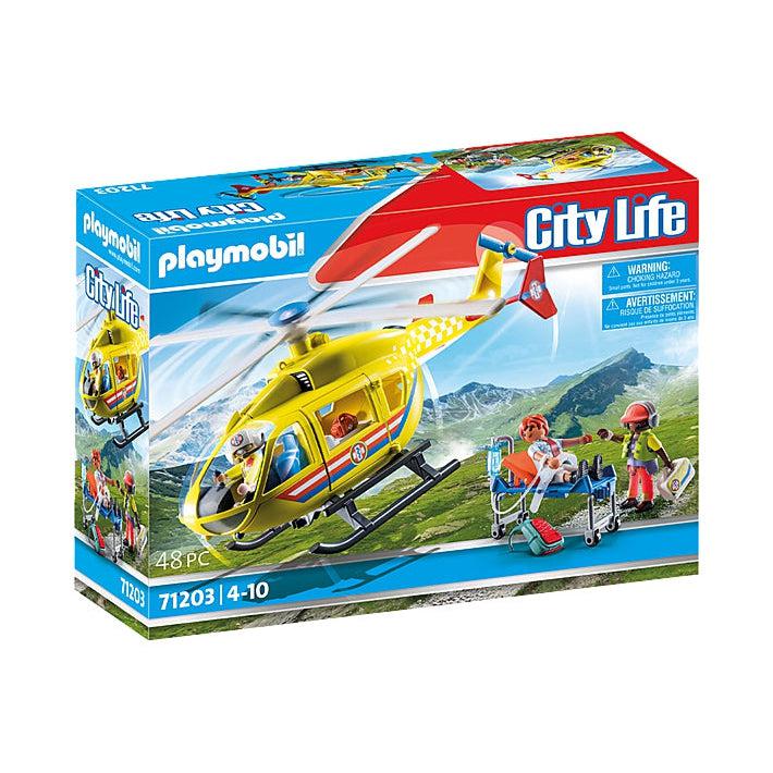 When trouble happens in playmo city this yellow helicopter can come to the rescue, with two pilots with medical training the chopper can come and save anyone. there is a stretcher for an injured person to be rescuted and placed on, and the front fits two.  
