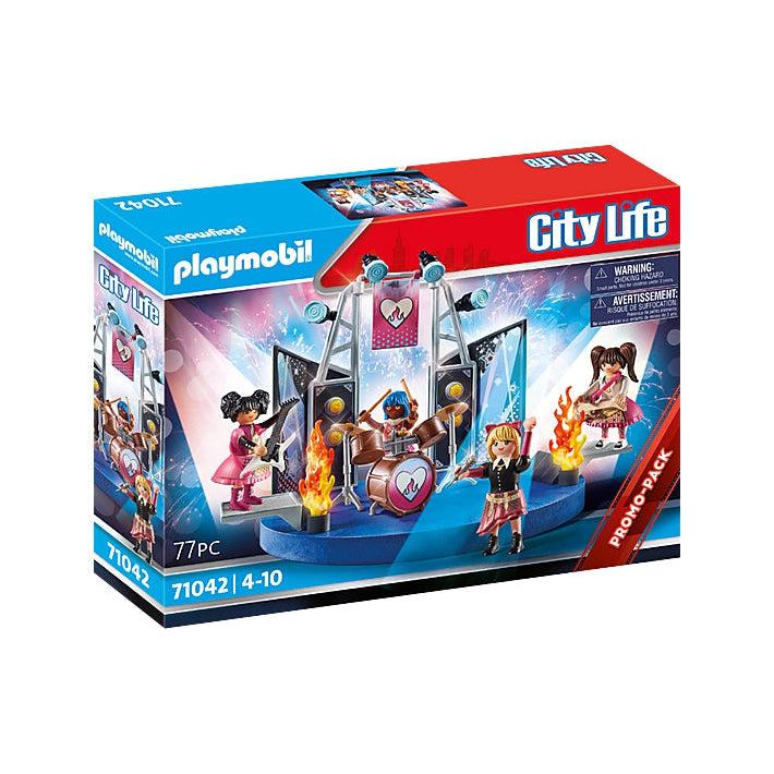Playmobil City Life box. Contains 77 pieces in the box to put together to create a rock and roll style stage for the playmobil characters to rock out on. 