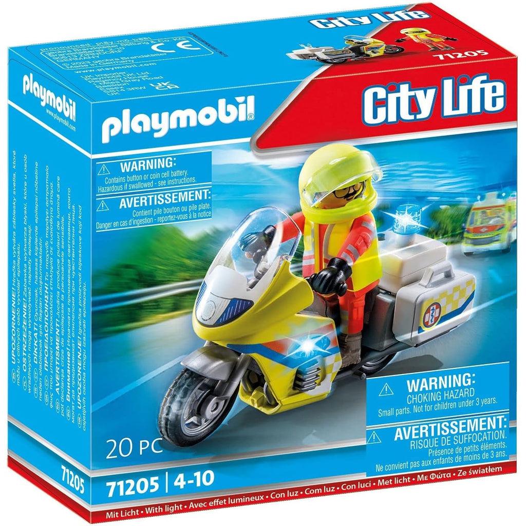 this picture shows the box of the rescue morotcycle. the morotrcycle is bright yellow with flashing lights for others to get out of the way. there is a first aid kit on the back, so the cyclist can get to whoever needs help speedily. 