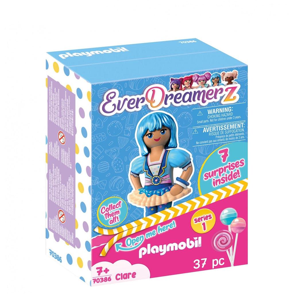 This box shows Clare from the Ever Dreamerz set. she belongs in a set with 4 other playmobil figures. the box reads 7 surprises inside, collect them all. 