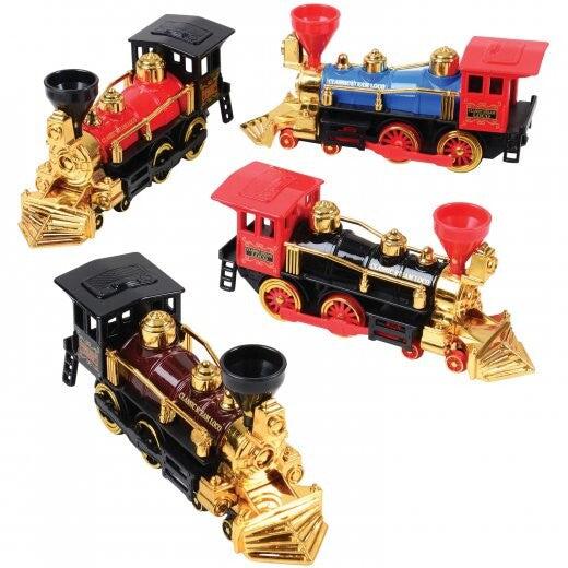 four colored trains are on the picture, showing off a charcoal black, blue, red, and deep scarlet. 