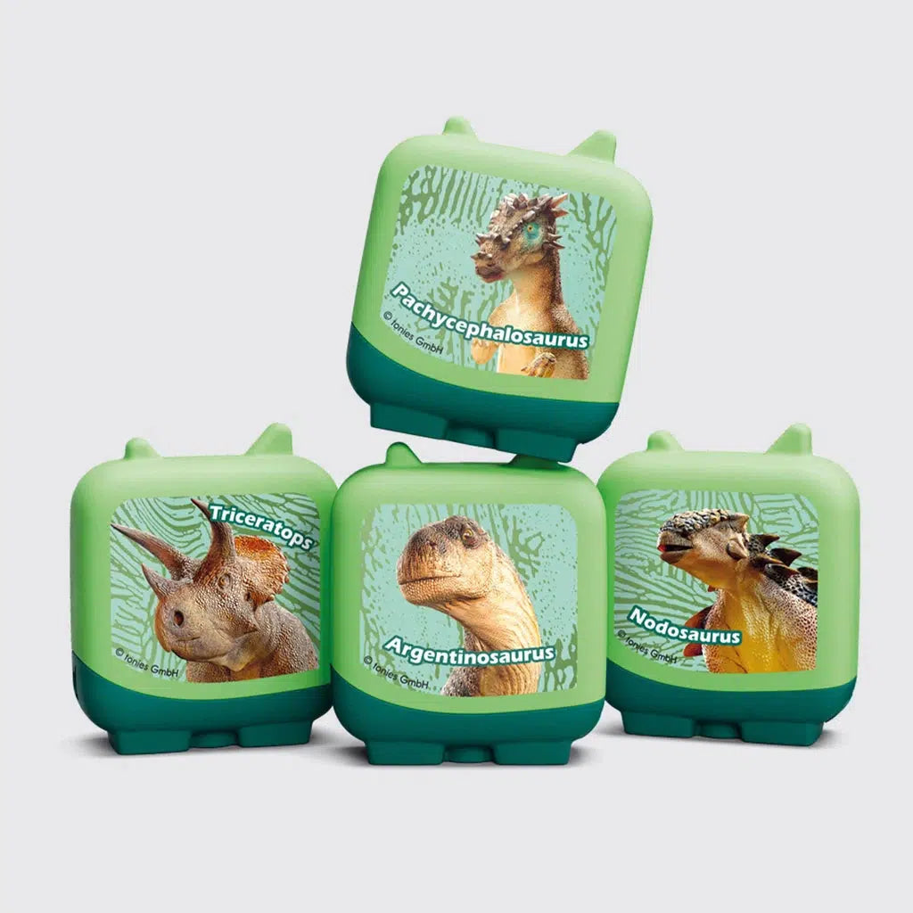 All 4 tonie figures are shown. Like the previous the others are labeled "Pachycephalosaurus", "triceratops", and "argentinosaurus". Each has a picture of the given dino on it.