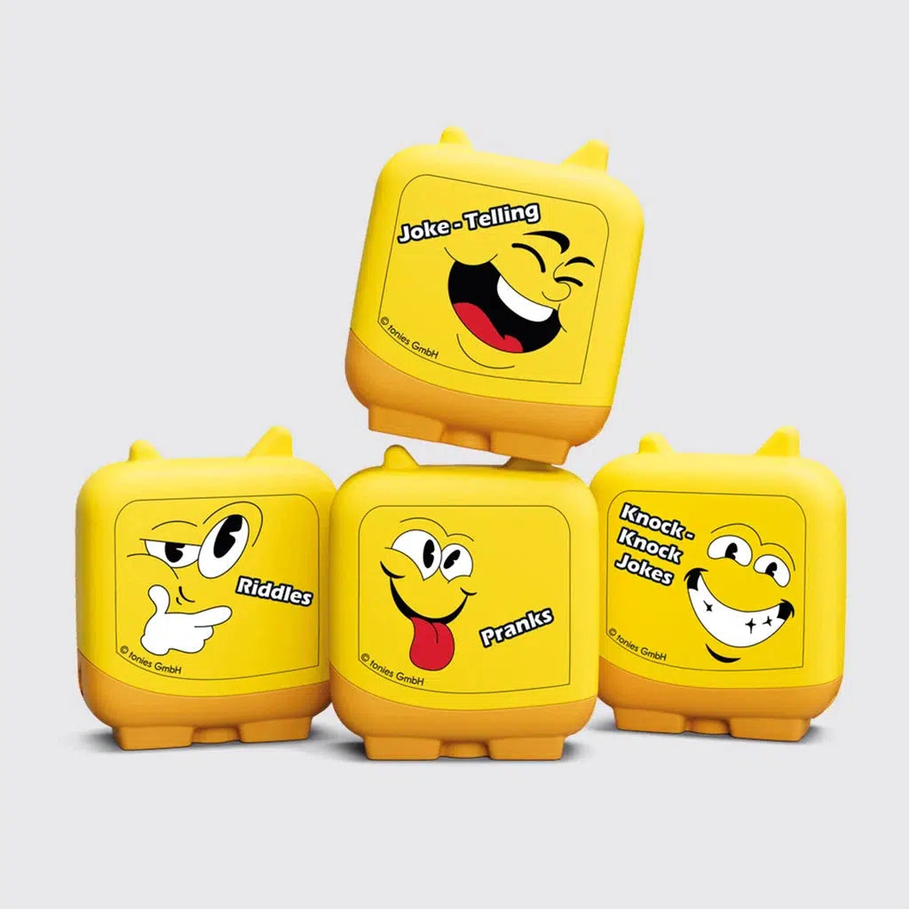 All 4 included clever tonies are shown. Along with the first there is a smiling face labeled "knock knock jokes", a laughing face and " Joke telling", and a face with a hand to the chin labeled "Riddles".