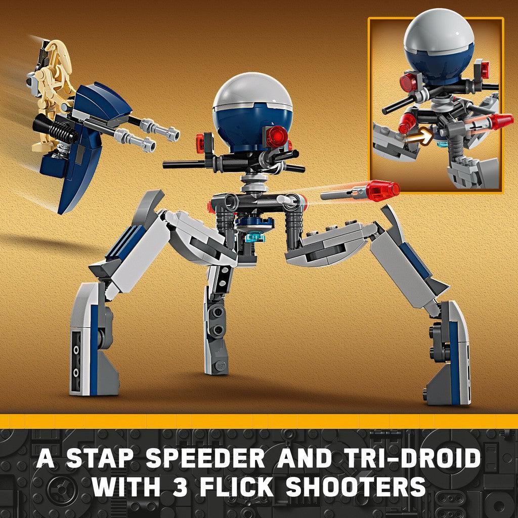 a stap speeder and tri-droid with 3 flick shooters