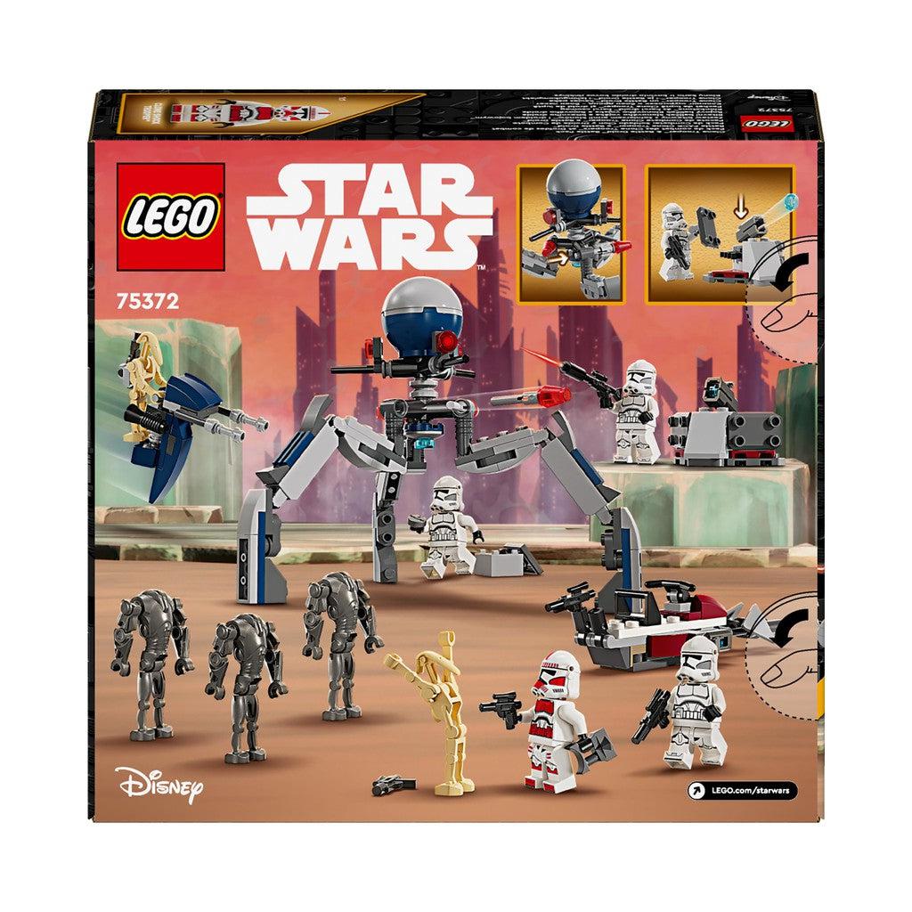 back of the box shows storm troopers, clones, and droids preparing for a LEGO battle