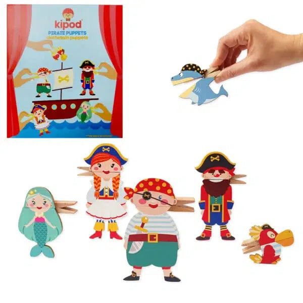 Six puppets made from clothespins. There are pirates and where the clothespin opens is their mouth. There is also a mermaid, shark, and parrot.
