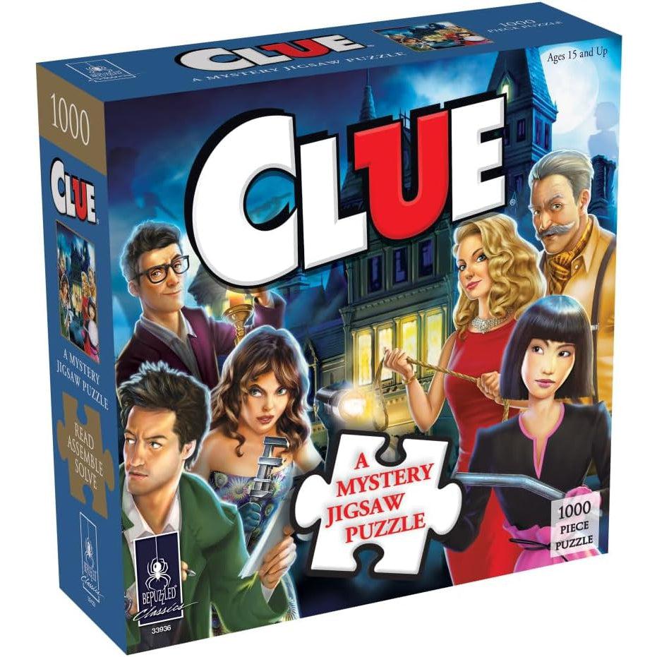 Image of the front of the puzzle box. The picture on the front is different from what the actual puzzle looks like. Find the clues in the finished puzzle to solve the crime!