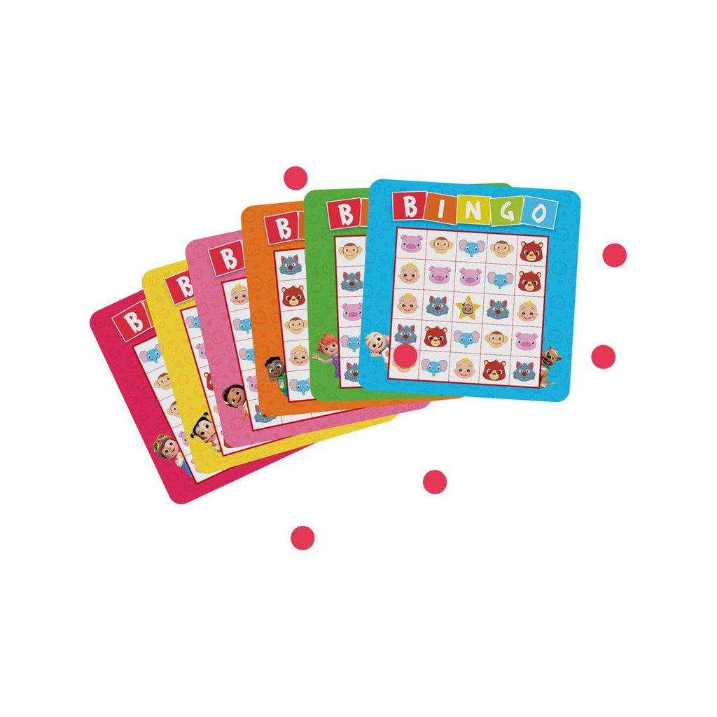 Image of the game boards. Each bingo board has pictures of pigs, monkeys, elephants, bears, wolves, and babies. There are 6 game boards included, each having a different colored boarder to them.