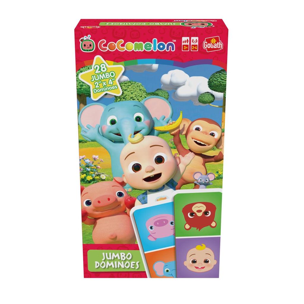 Image of the box for the game Cocomelon Dominoes. On the front is a picture of an elephant, a monkey, a mouse, a pig, and baby in the park.