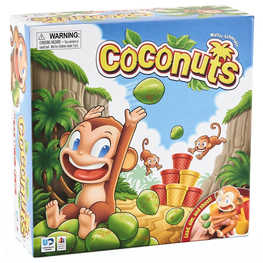 Image of the box for the game Coconuts. On the front is a cartoon of monkeys flinging coconuts into baskets behind them.