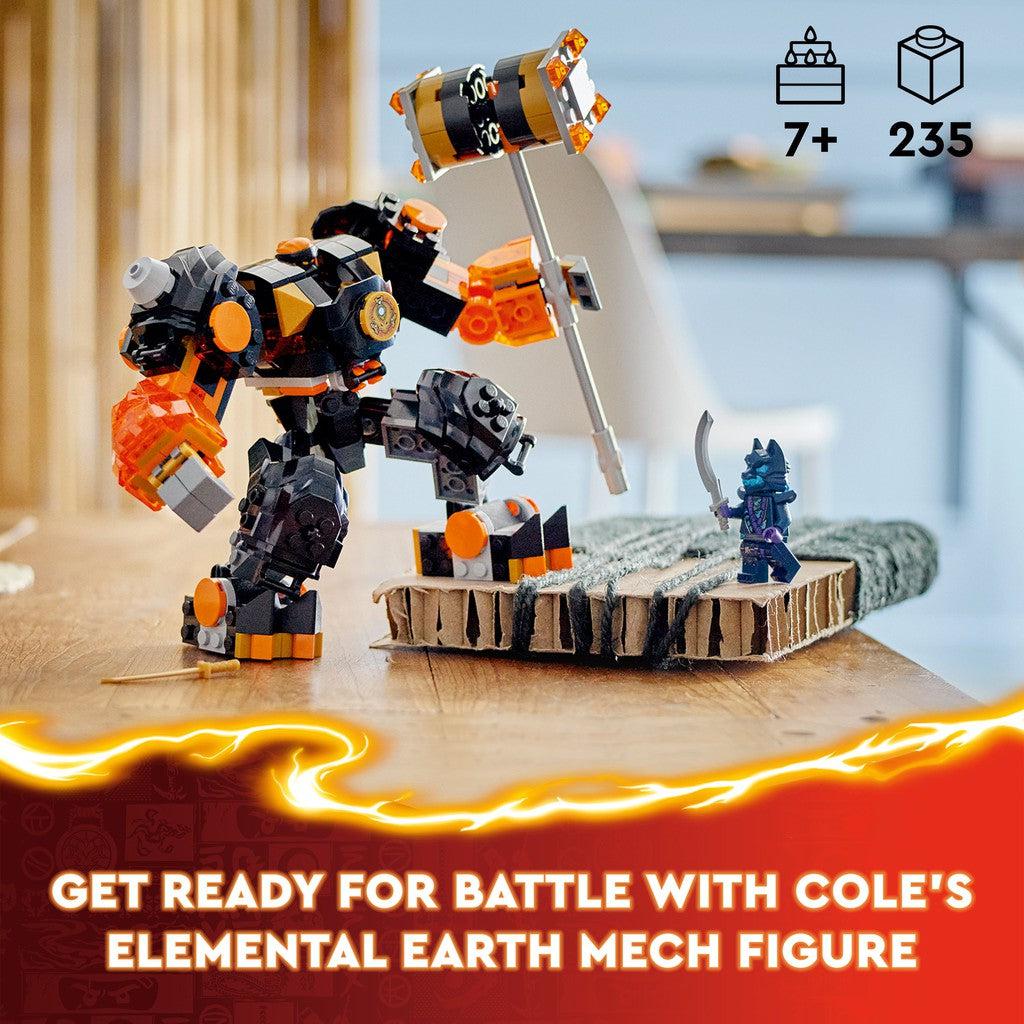 for ages 7+ with 235 LEGO pieces. Get ready for battle with Cole's elemental Earth mech figure.