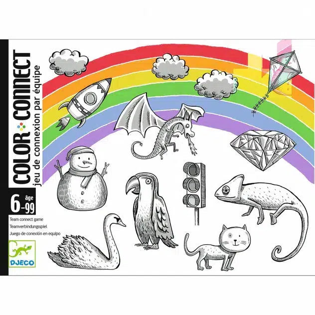 Box cover of the card game "Color: Connect" by Djeco, featuring a rainbow and various black-and-white illustrations including a rocket, cloud, kite, dragon, diamond, snowman, parrot, swan, traffic light, cat, and chameleon.