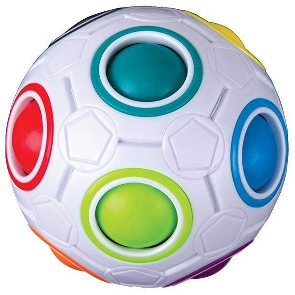 Image of the puzzle ball outside of the packaging. It is shaped like a soccer ball with the spots all being different colors. In the center of the spots are balls that can be moved around the inside of the plastic ball.