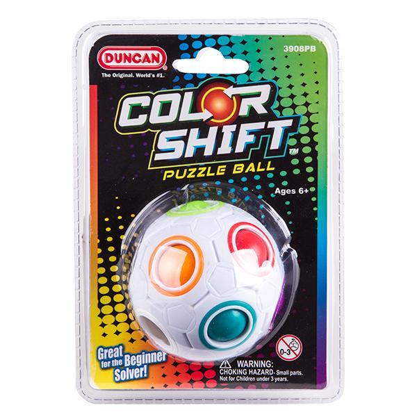 Image of the packaging for the Color Shift Puzzle Ball. Part of the front is made from clear plastic so you can see the ball inside.