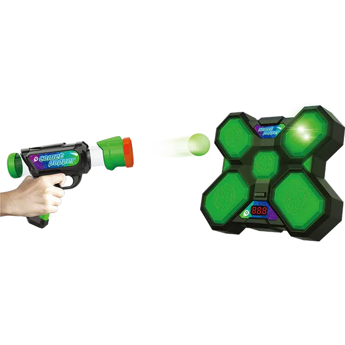 Image of the Comet Popper. It comes with a blaster, 12 foam balls, and a light-up target.