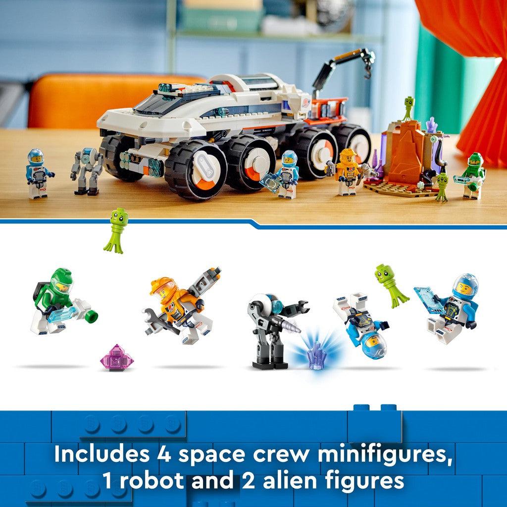 includes 4 space crew minifigures, 1 robot and 2 alien figures. 