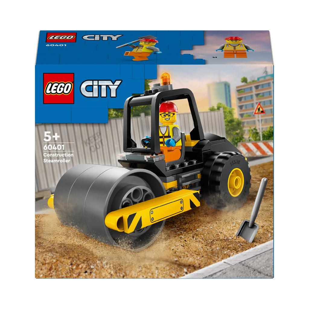 LEGO city construction steamroller. a Worker is driving a steamroller over a dirt road