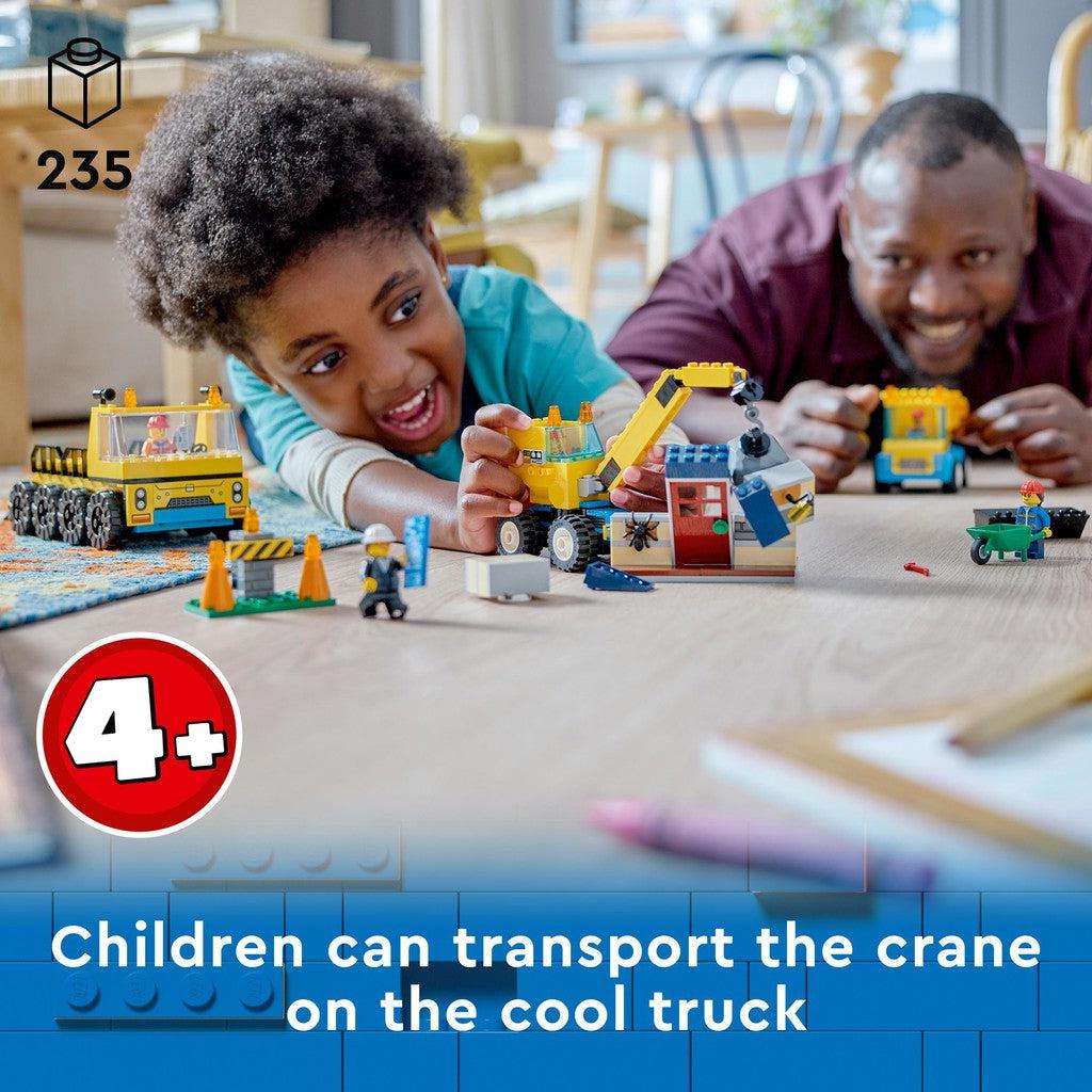 for ages 4+ with 235 LEGO pieces. Children can transport the crane on the cool truck. 