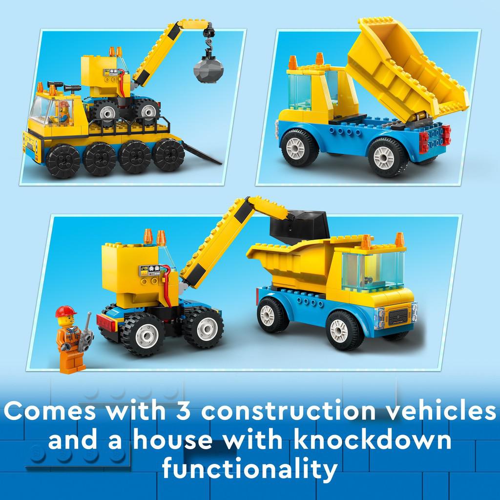 comes with 3 construction vehicles and a house with knockdown functionality