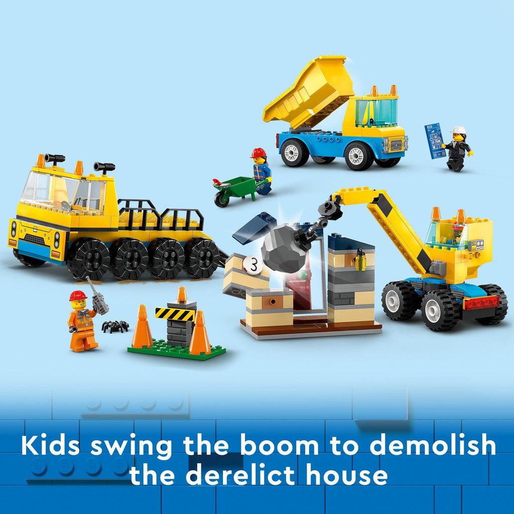 kids swing the boom to demolish the derelict house. 