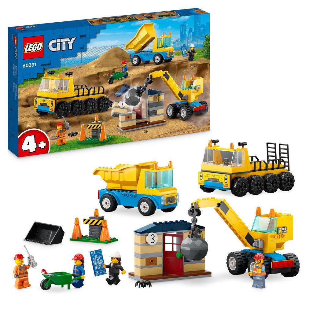 image shows the LEGO city Construction trucks and Wrecking ball set! Time to get to work in LEGO ciry with the construction workers and do a total home rennovation