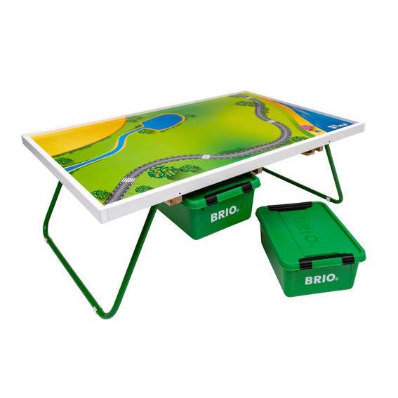 Image of the Consumer Play Table. It is a long table with a picture of a field, a lake, a river, a beach, and a train track.