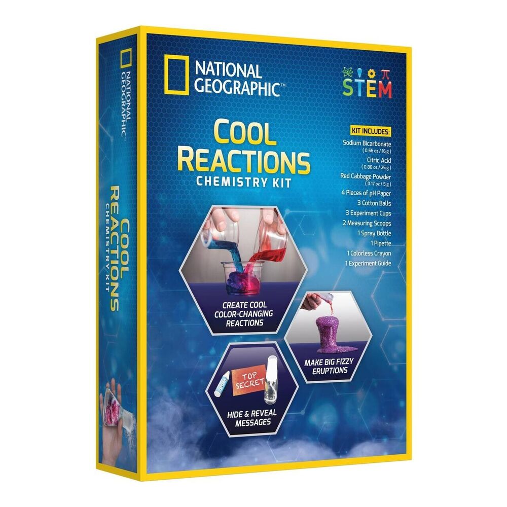 the back of the box shows three pictures to do, create cool color changing reactions, make fizzy eruptions, hide and reveal messsages!