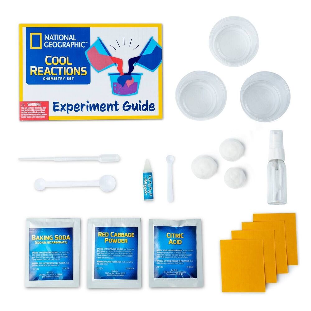 included inside is red cabbage powder, baking soda, citric acid, an expierement guide, beakers, and tools for mixing, and cleaning up projects. 