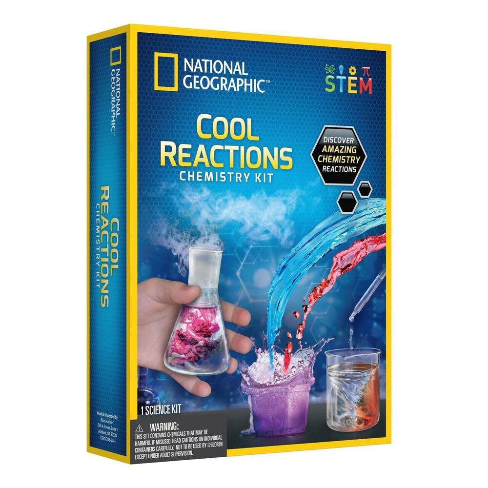 The national geographic cool reactions kit, text says "discover amazing chemistry reactions" and a science kit is inside for a child to learn about chemical reactions. warning; chemicals are inside that will react