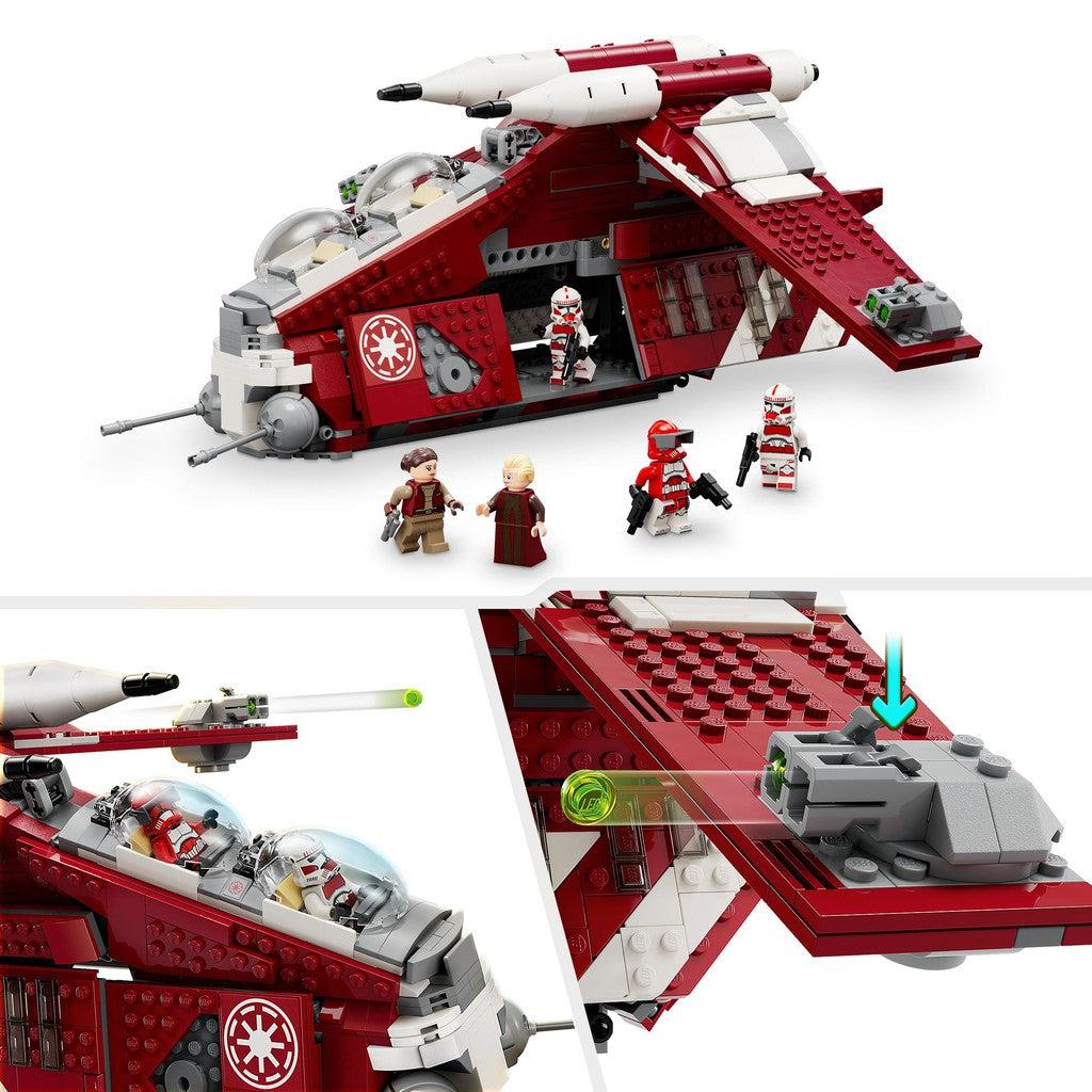 image shows the ship can open to pilot and launch LEGO beads from a blaster
