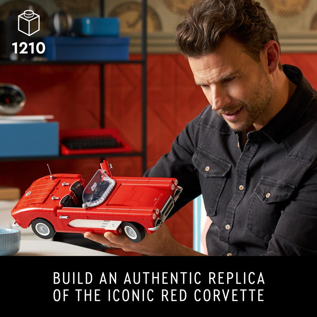 for ages 19+ with 1210 LEGO pieces. build an authentic replica of the iconic red corvette