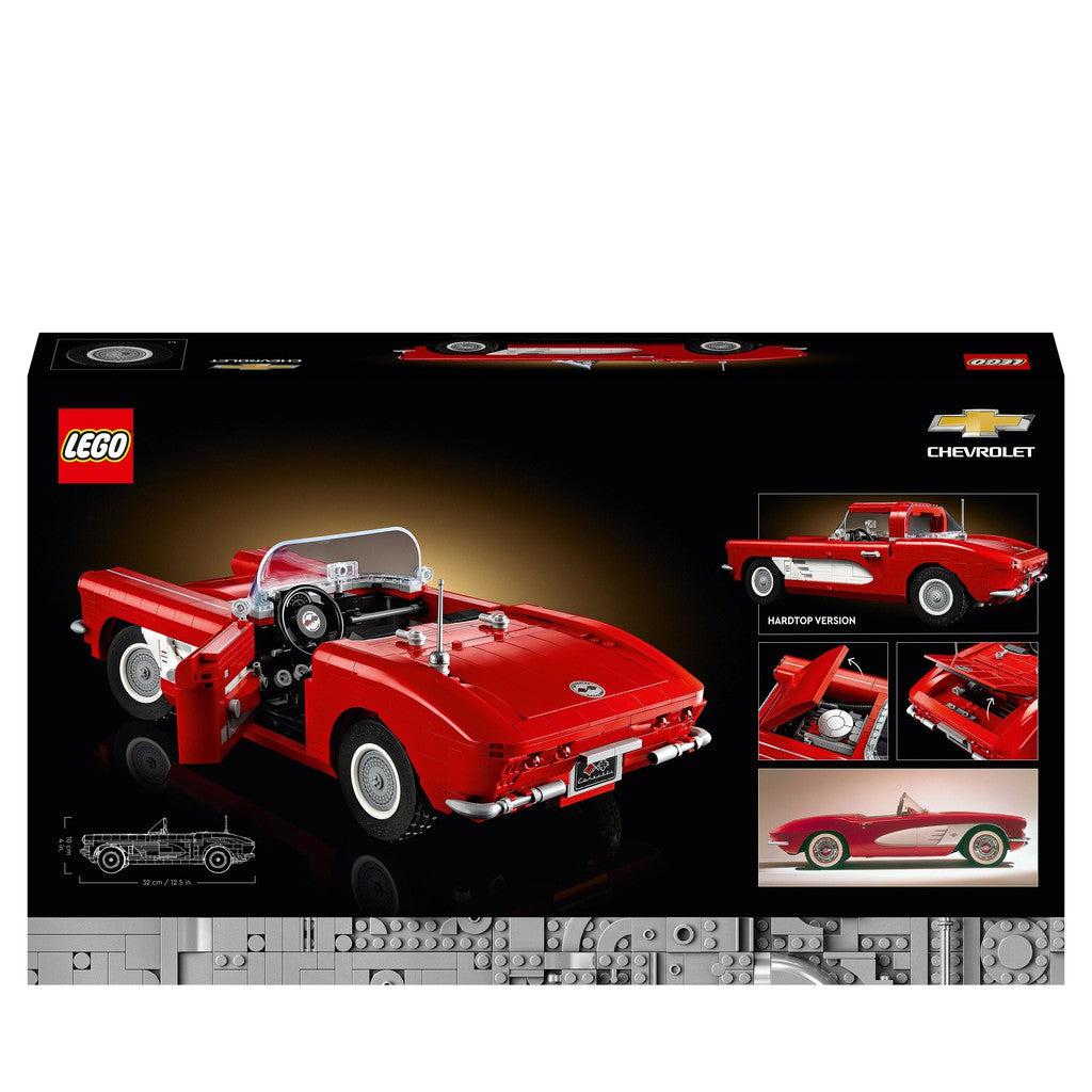 the back of the box shows the realistic features with the iconic LEGO Corvette. 