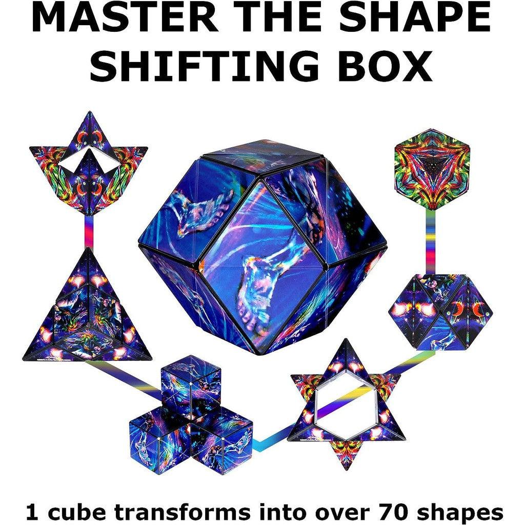this image shows teh cube and its many shapes it can become from a star to a triangle and much more. the art is vibrant and shifts around as the cube changes