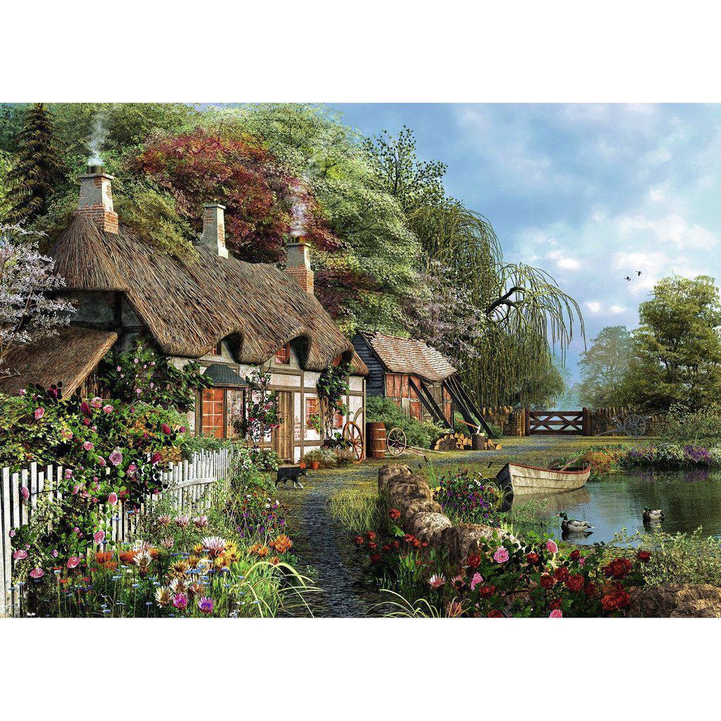 Image of the finished puzzle. The picture is a detailed illustration of a cozy cottage near a small lake in the spring. There are lots of trees and flowers.