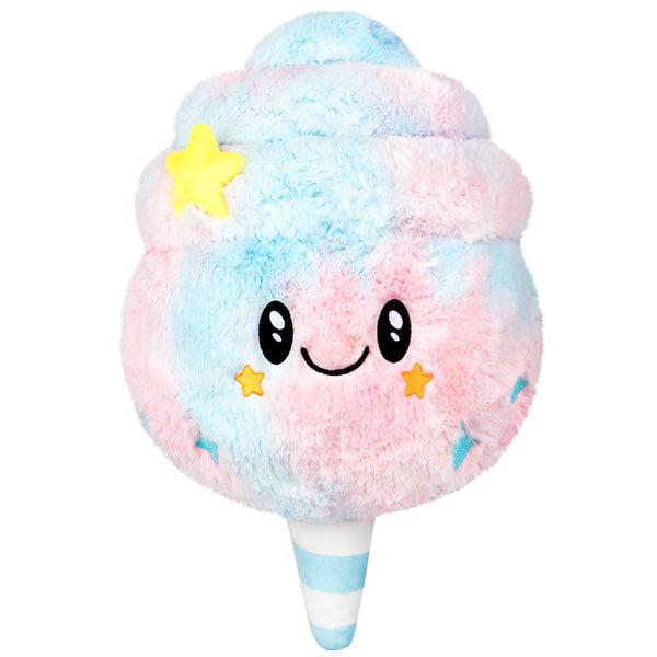 plush is a pink and blue swirled plush cotton candy on a blue and white striped plush cone with stars and a face embroidered on the front of the cotton candy part