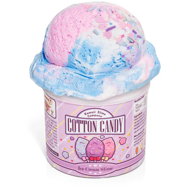 Image of the open slime. It is a tri-colored slime made from blue, white, and pink ice cream textured slime so realistic that you can actually scoop it with an ice cream scoop. It is topped with blue and purple sprinkles and pink heart-shaped sprinkles.