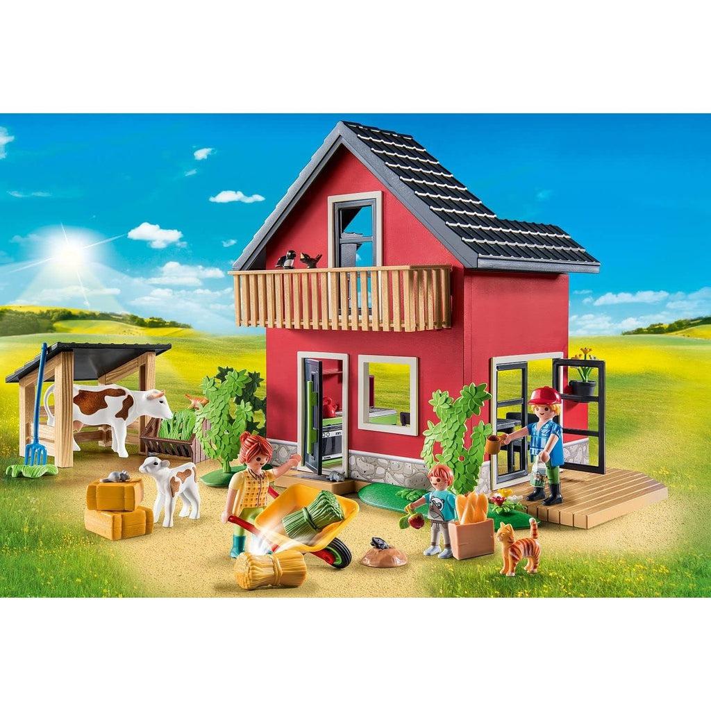 this image shows the farm in greater detail. the house is a front only so a kid can play with the family inside the farm from the back. there is a cow and baby out front grazing while the family works out front. 